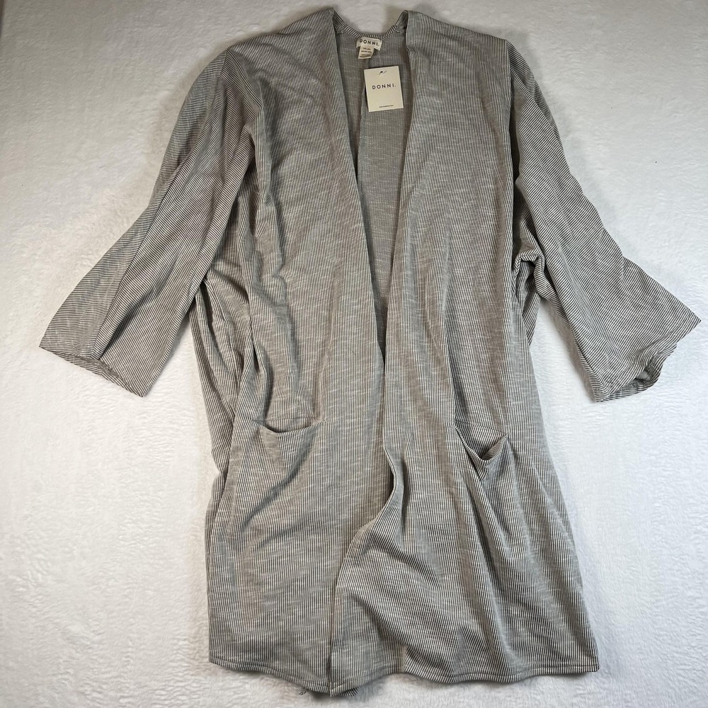 DONNI. Cardigan Sweater Womens One Size Plus‎ Gray Striped Open Front Knit